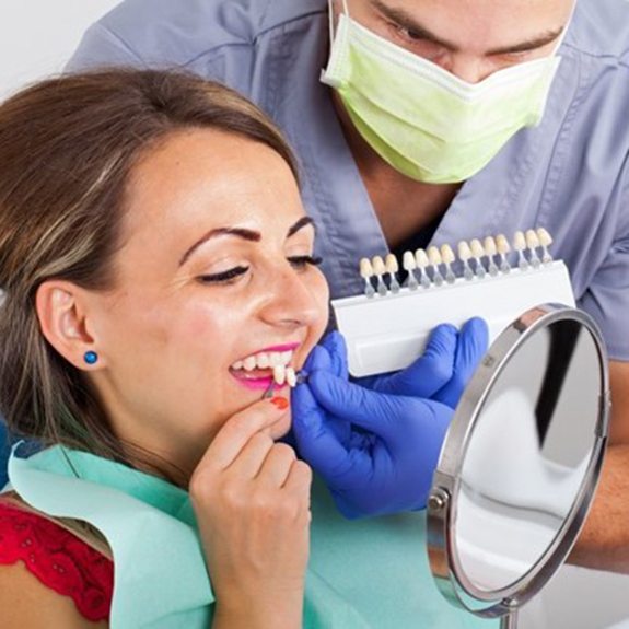 dental patient holding veneers up to her smile 