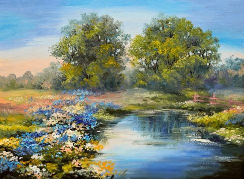 A painting of a field and stream